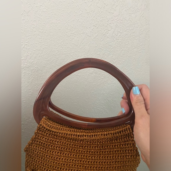 Vintage Crochet Rust Brown with Knots & Oval Lucite Handles Boho Handbag Purse - Picture 6 of 12
